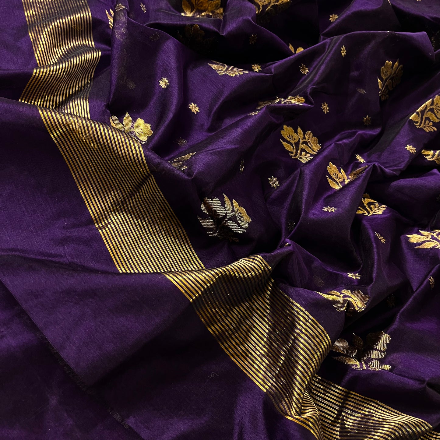 Dark purple chanderi saree with zari motifs on pallu