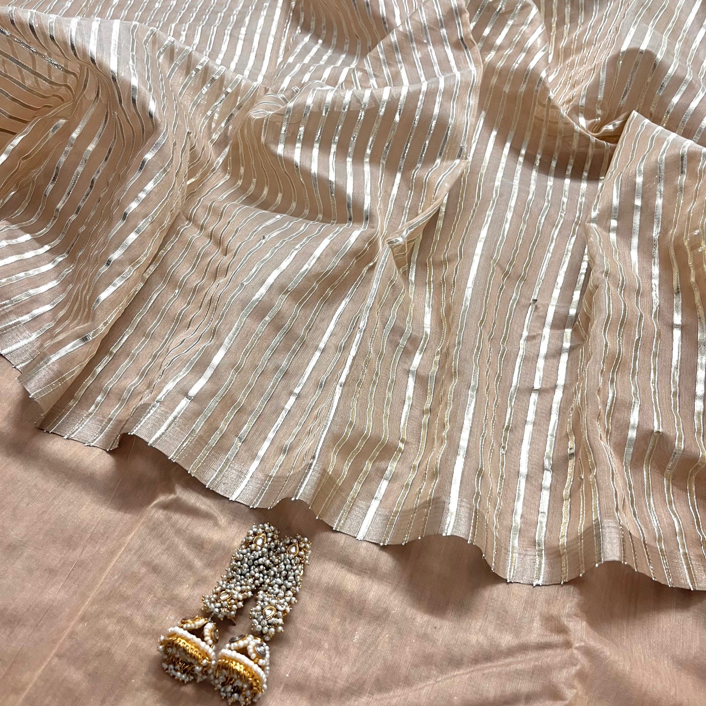 Beige chanderi saree with gota work all over