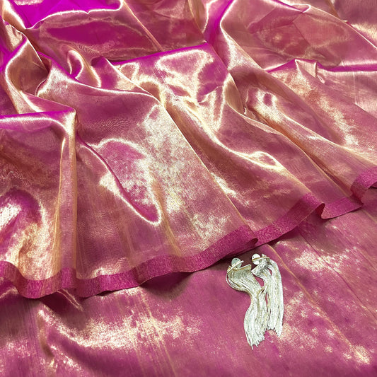 Pink and gold chanderi tissue silk saree