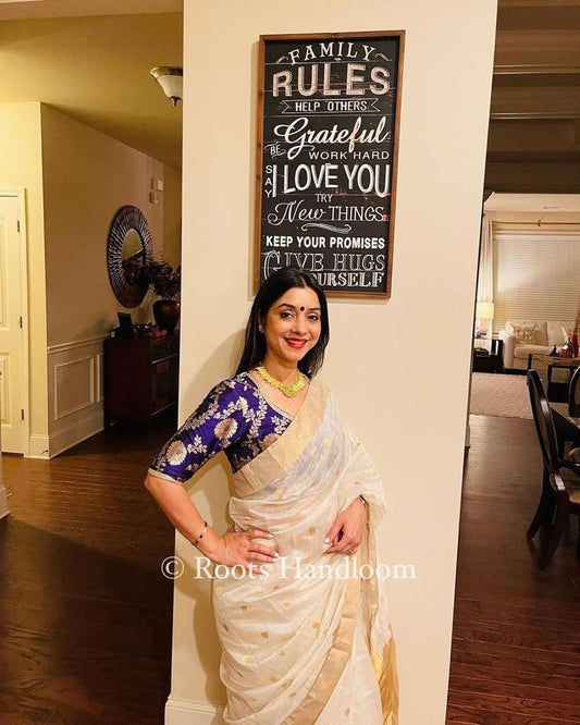 Off white chanderi saree with zari bootis all over