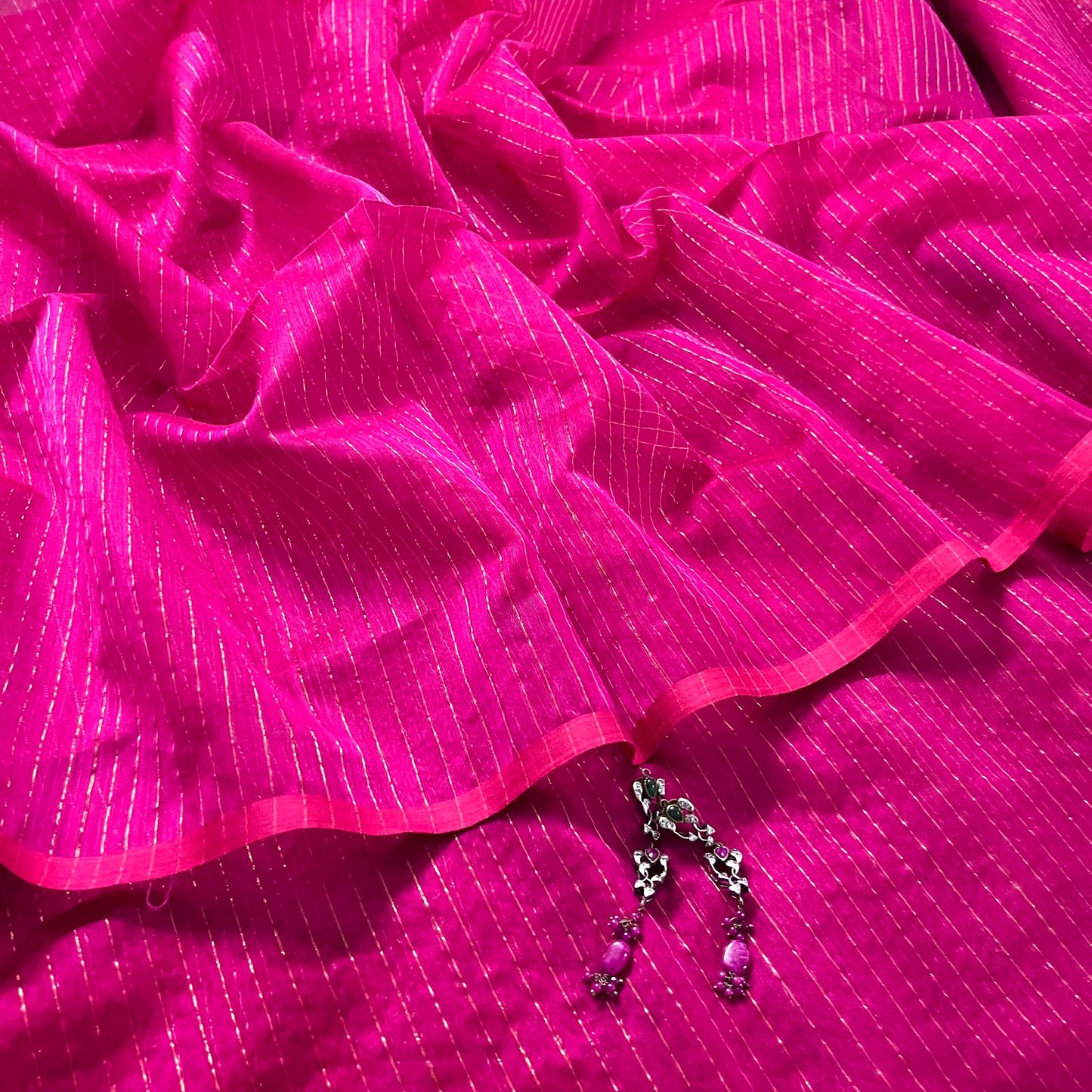 Pink maheshwari saree with zari lines all over