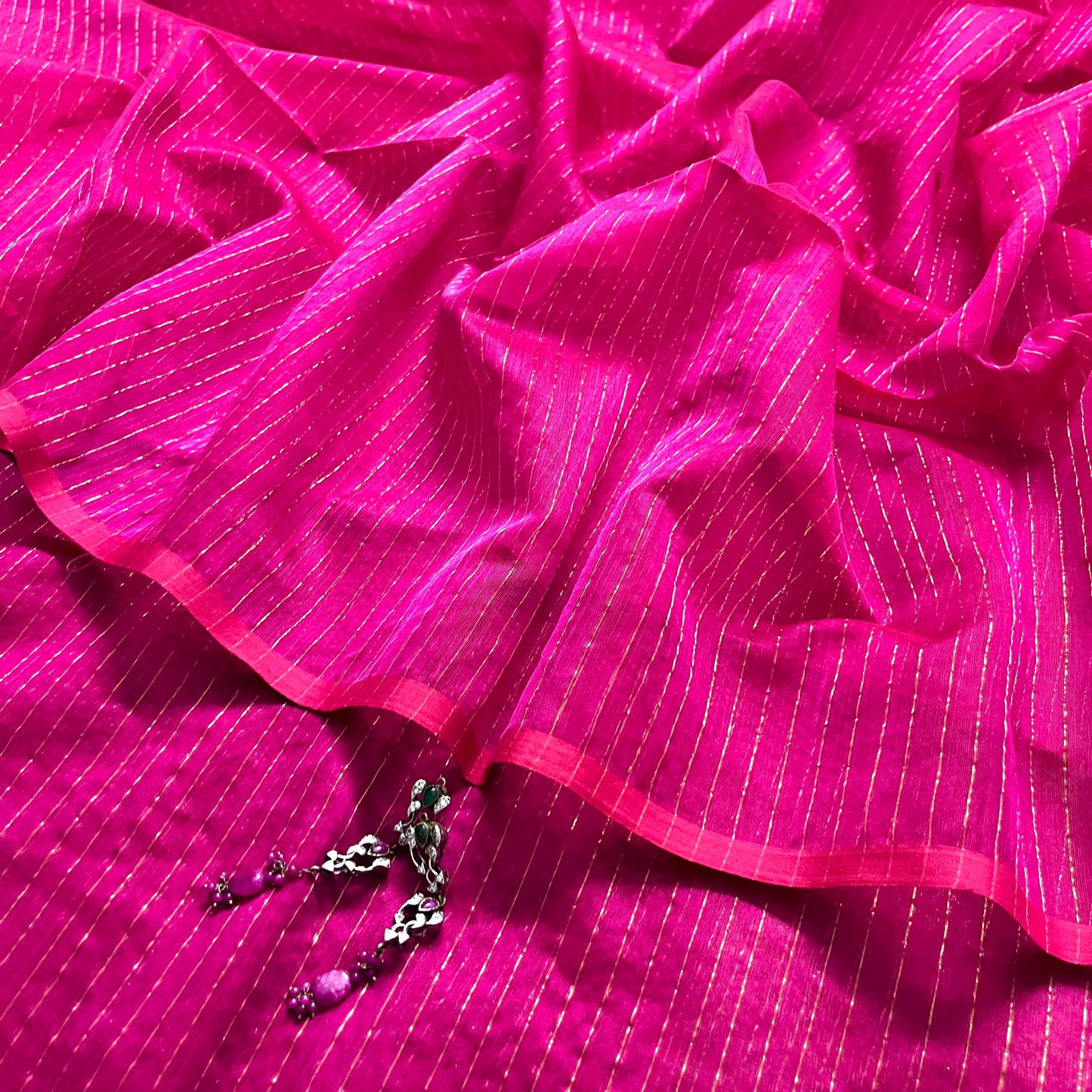 Pink maheshwari saree with zari lines all over