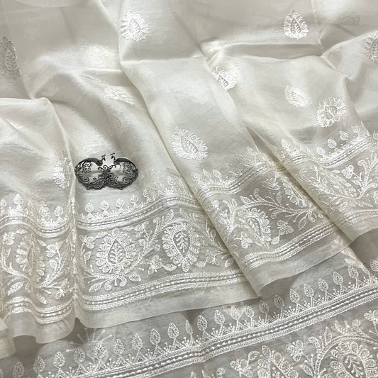 White banarasi organza silk saree with threadwork all over