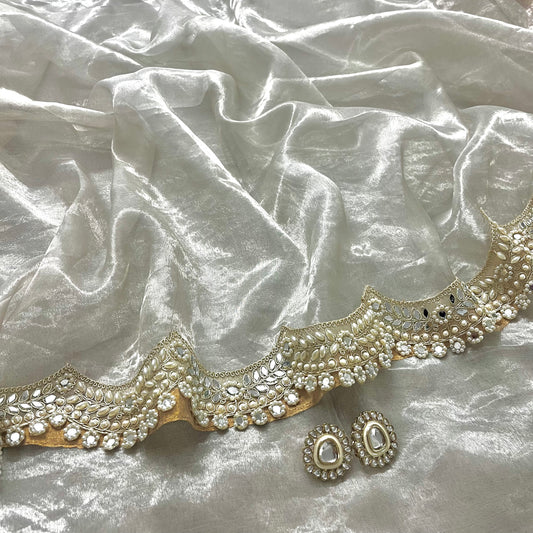 Molten silver chanderi tissue silk saree with pearl and mirror work border