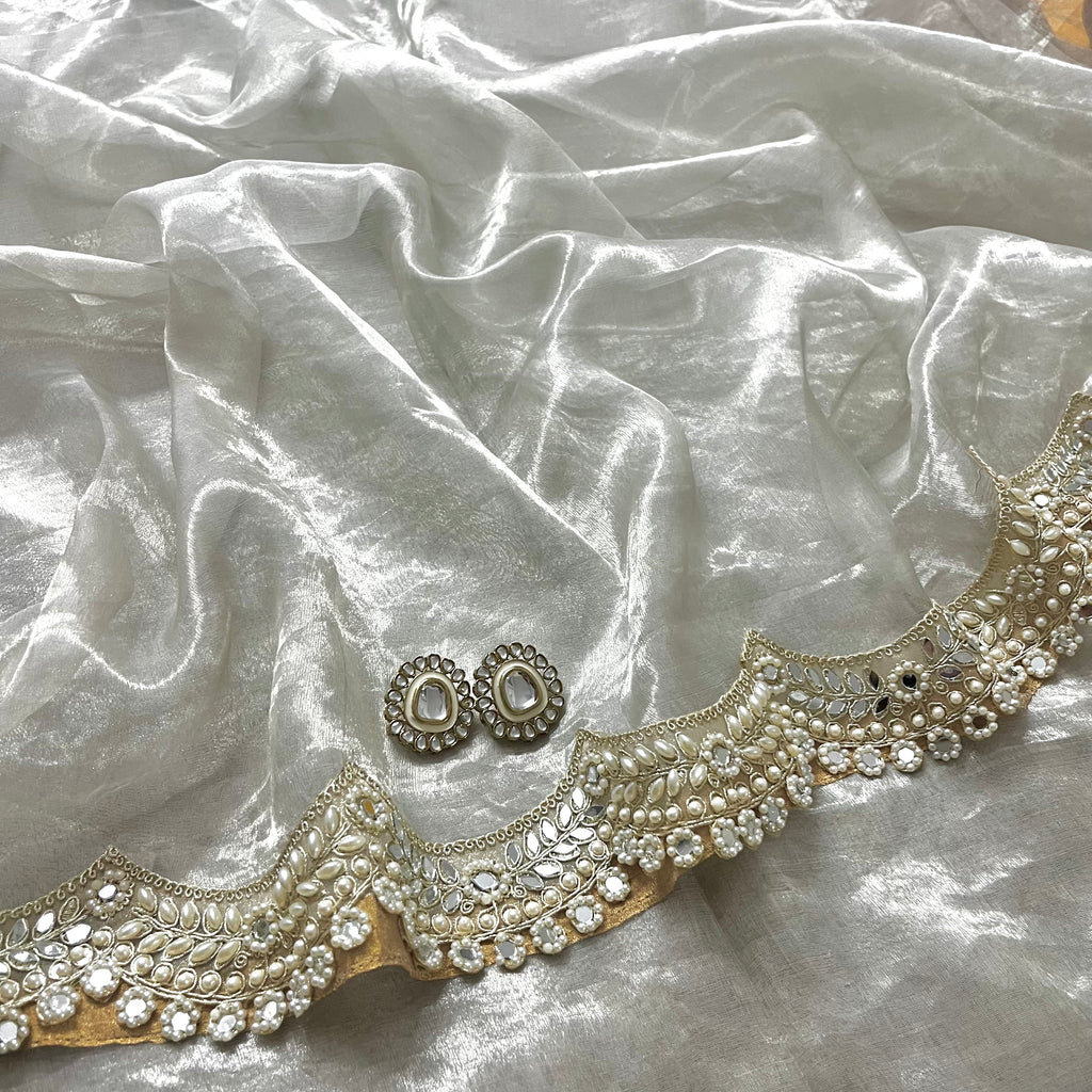 Molten silver chanderi tissue silk saree with pearl and mirror work border