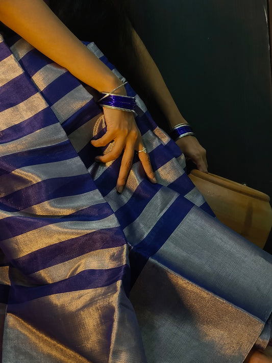 Silver and blue striped chanderi tissue silk saree
