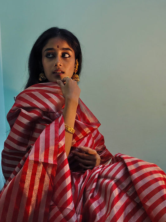 Red and silver striped chanderi tissue silk saree