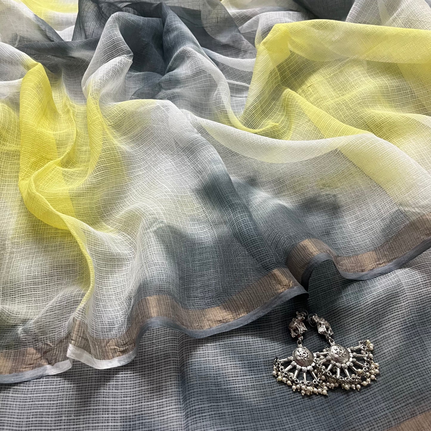 Off white yellow grey kota checks saree