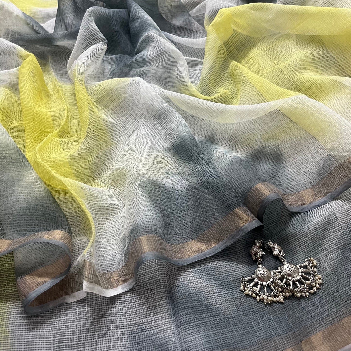 Off white yellow grey kota checks saree