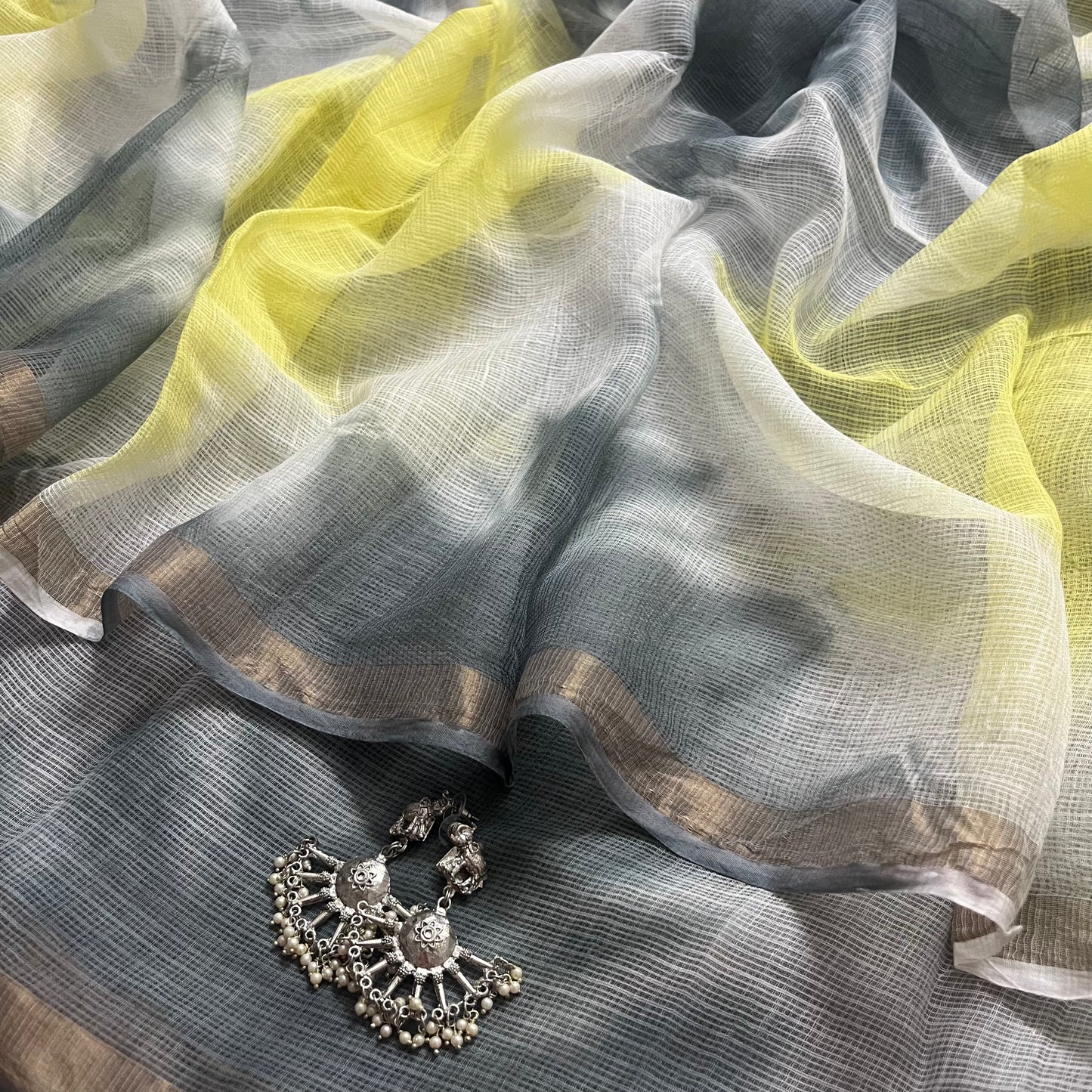 Off white yellow grey kota checks saree