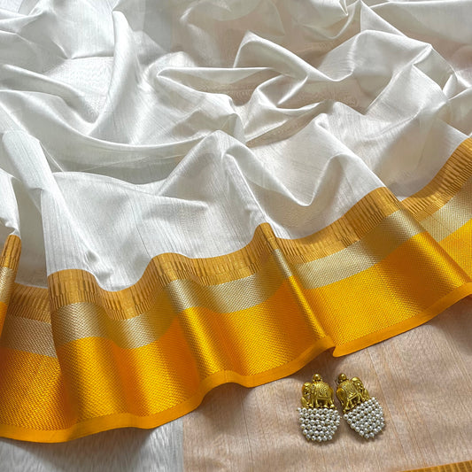White and yellow maheshwari saree with resham border