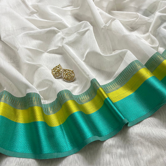 White and turquoise maheshwari saree with resham border