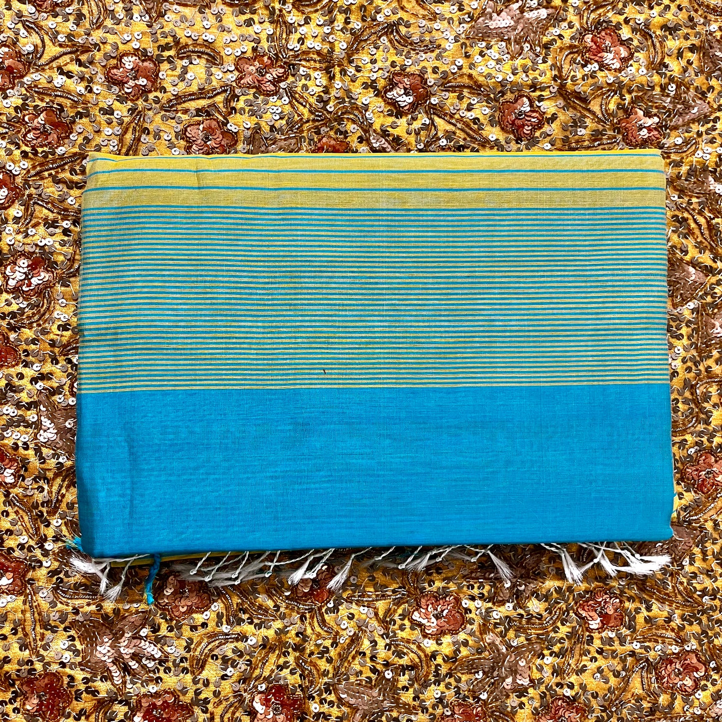 Corn yellow and blue maheshwari saree