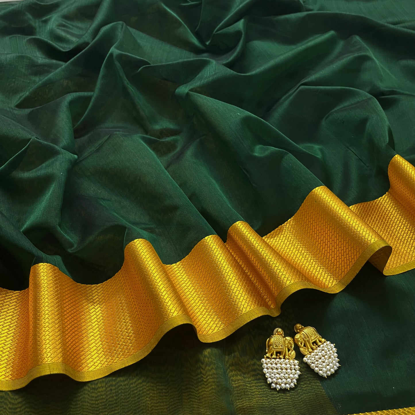 Bottle green and yellow maheshwari saree with resham border