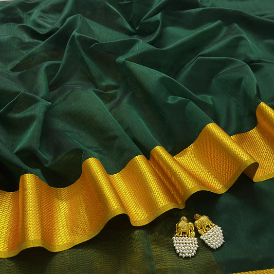 Bottle green and yellow maheshwari saree with resham border