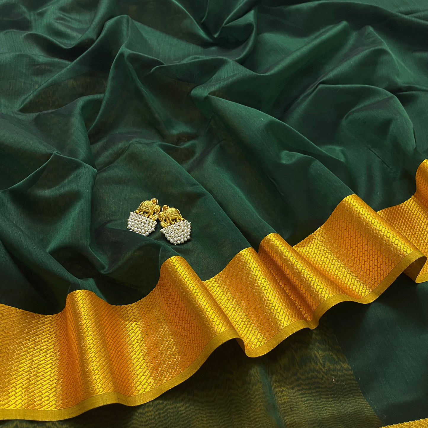 Bottle green and yellow maheshwari saree with resham border