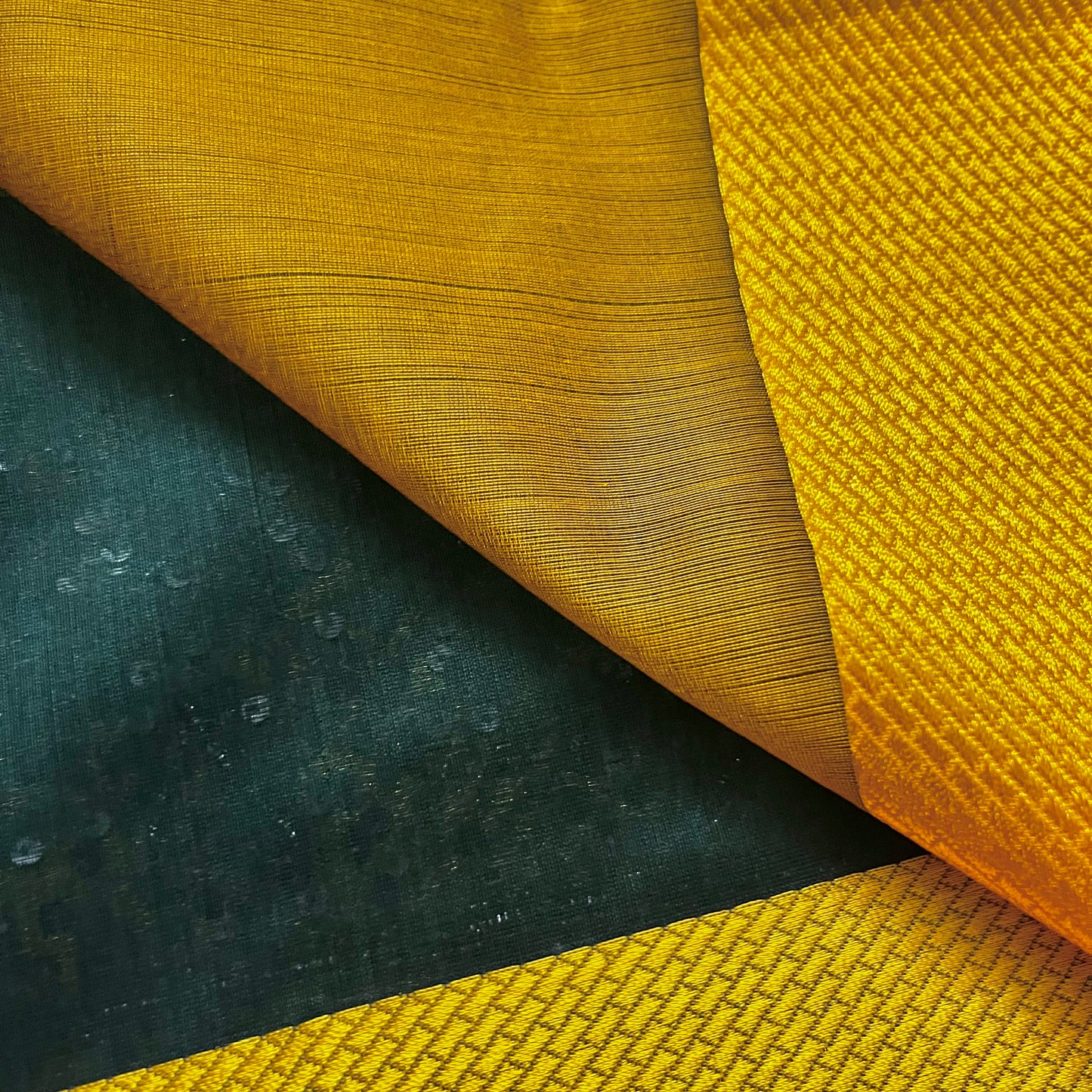 Bottle green and yellow maheshwari saree with resham border