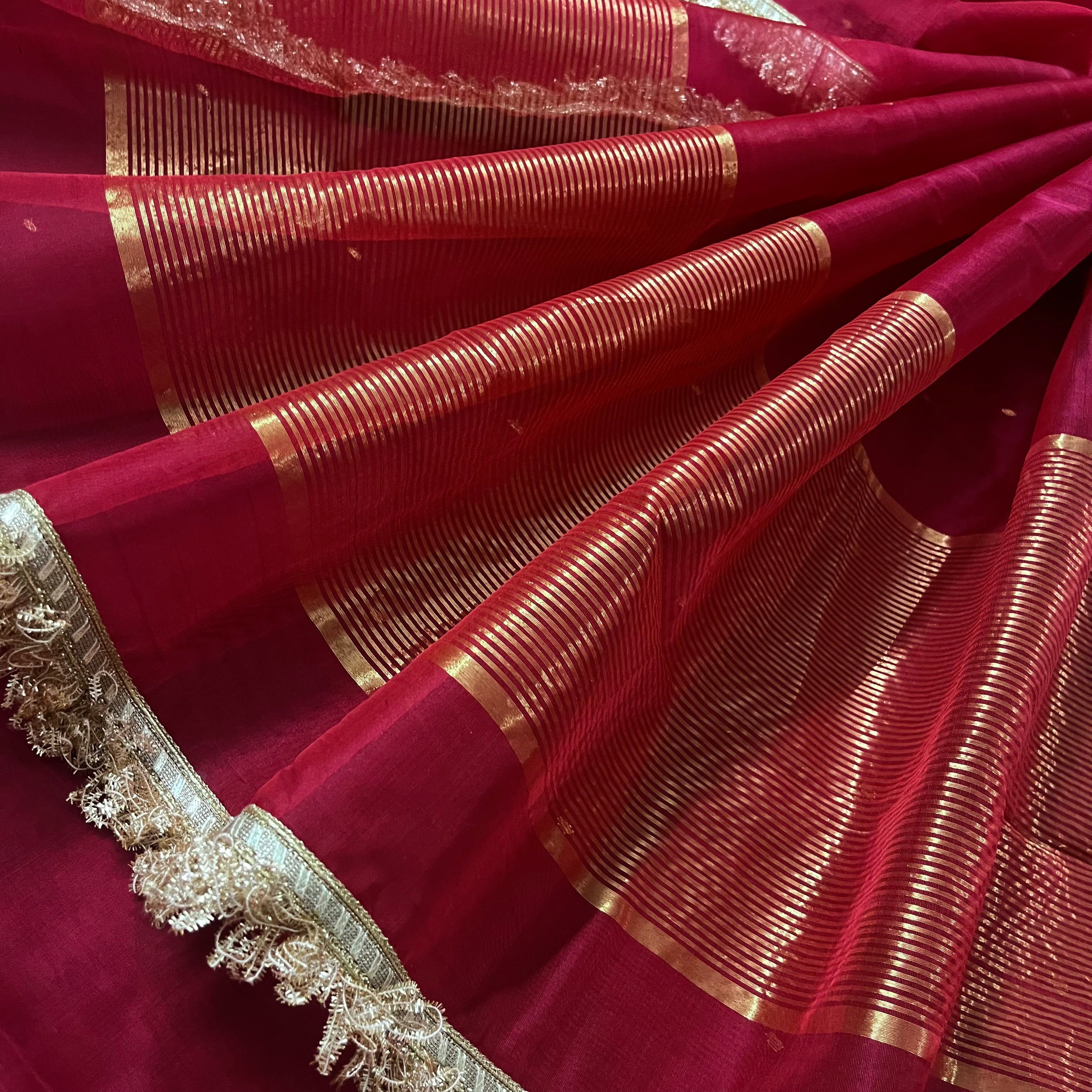 Dark rose chanderi silk saree with zari bootis all over