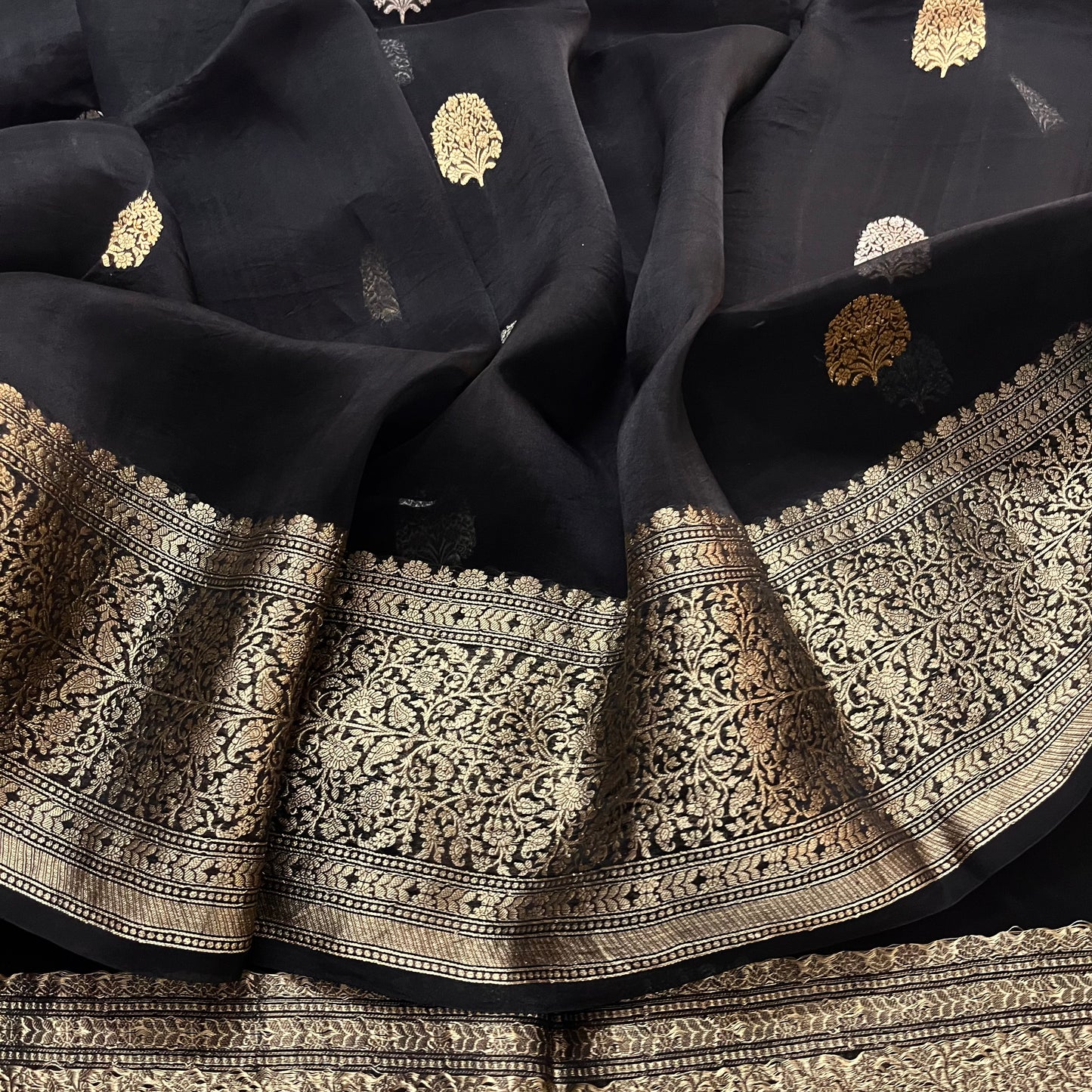 Black banarasi saree with zari motifs all over