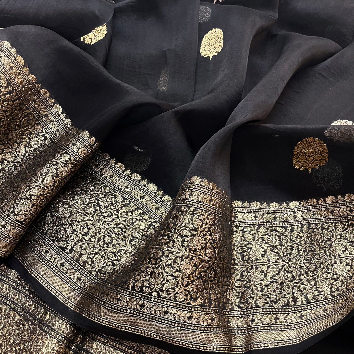 Black banarasi saree with zari motifs all over