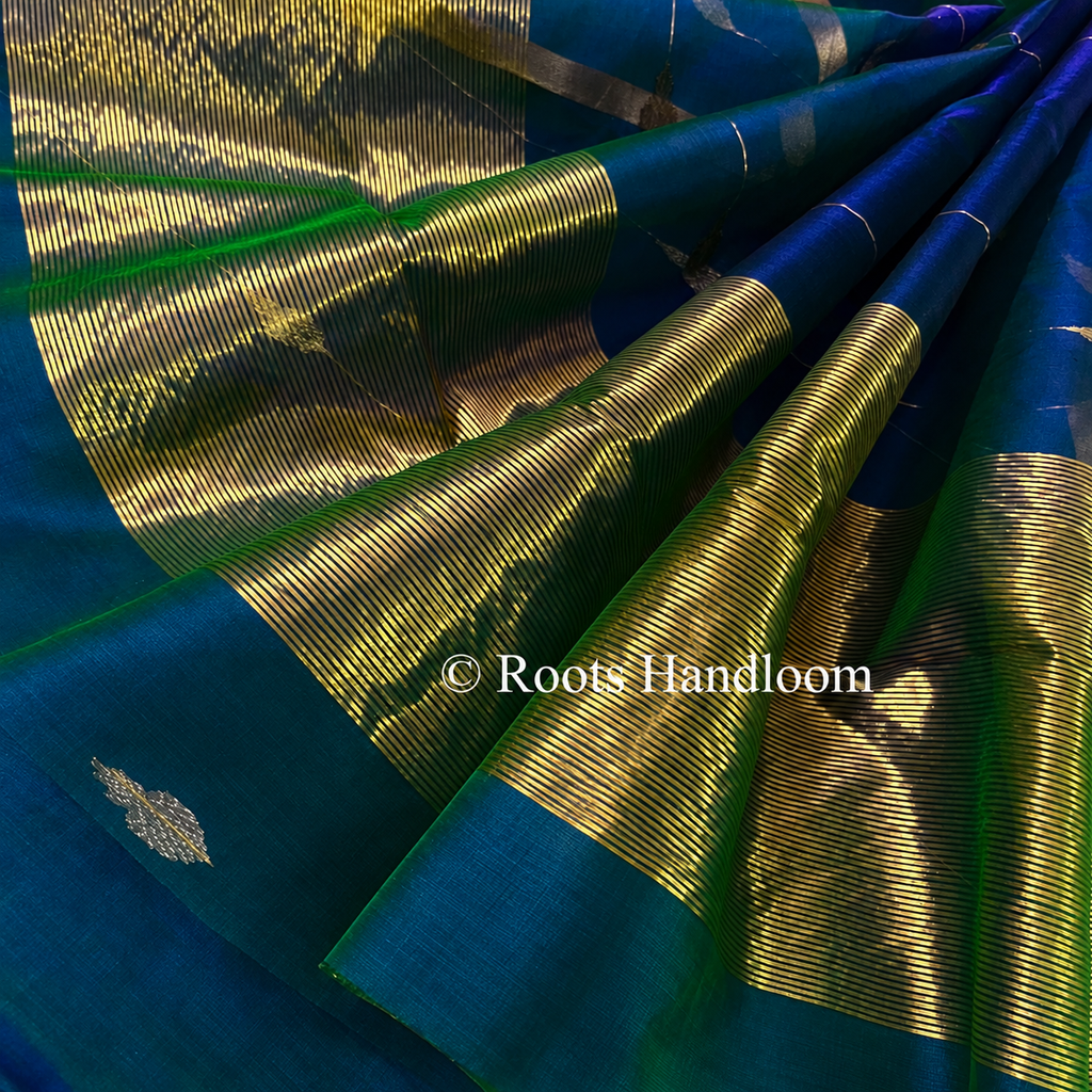 Peacock Blue & Green Dual Tone Chanderi Organza Silk Saree with Jhumka Motifs all over