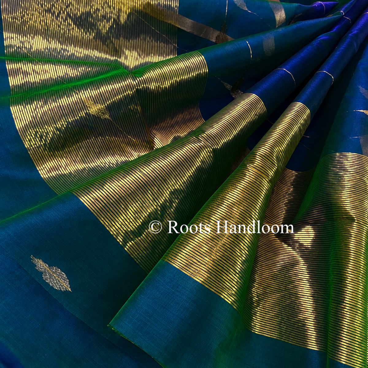 Peacock Blue & Green Dual Tone Chanderi Organza Silk Saree with Jhumka Motifs all over