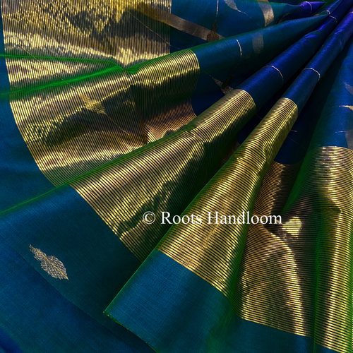 Peacock Blue & Green Dual Tone Chanderi Organza Silk Saree with Jhumka Motifs all over
