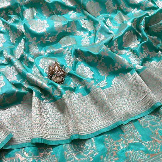 Tiffany green banarasi silk saree with zari jaal work all over