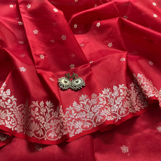 Deep maroon chanderi silk saree with flower bootis all over