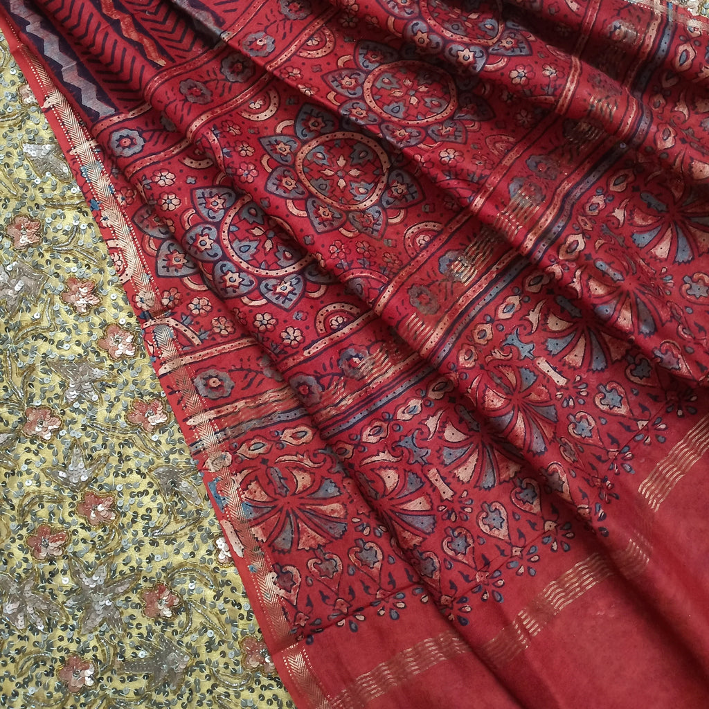 Rust maheshwari dupatta with block print all over