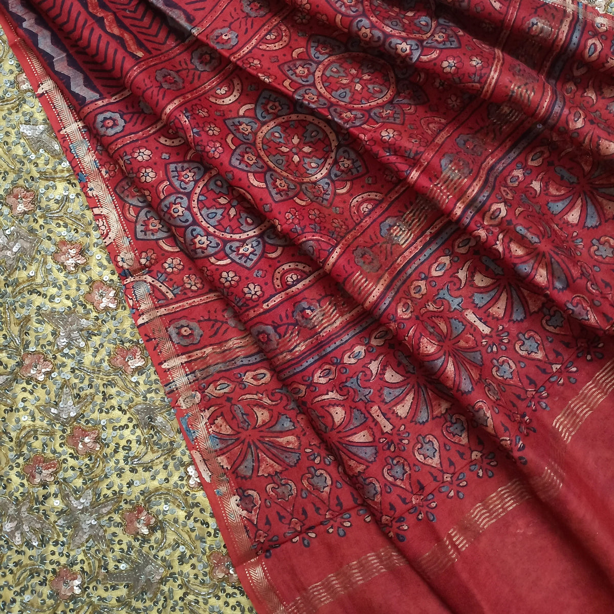 Rust maheshwari dupatta with block print all over