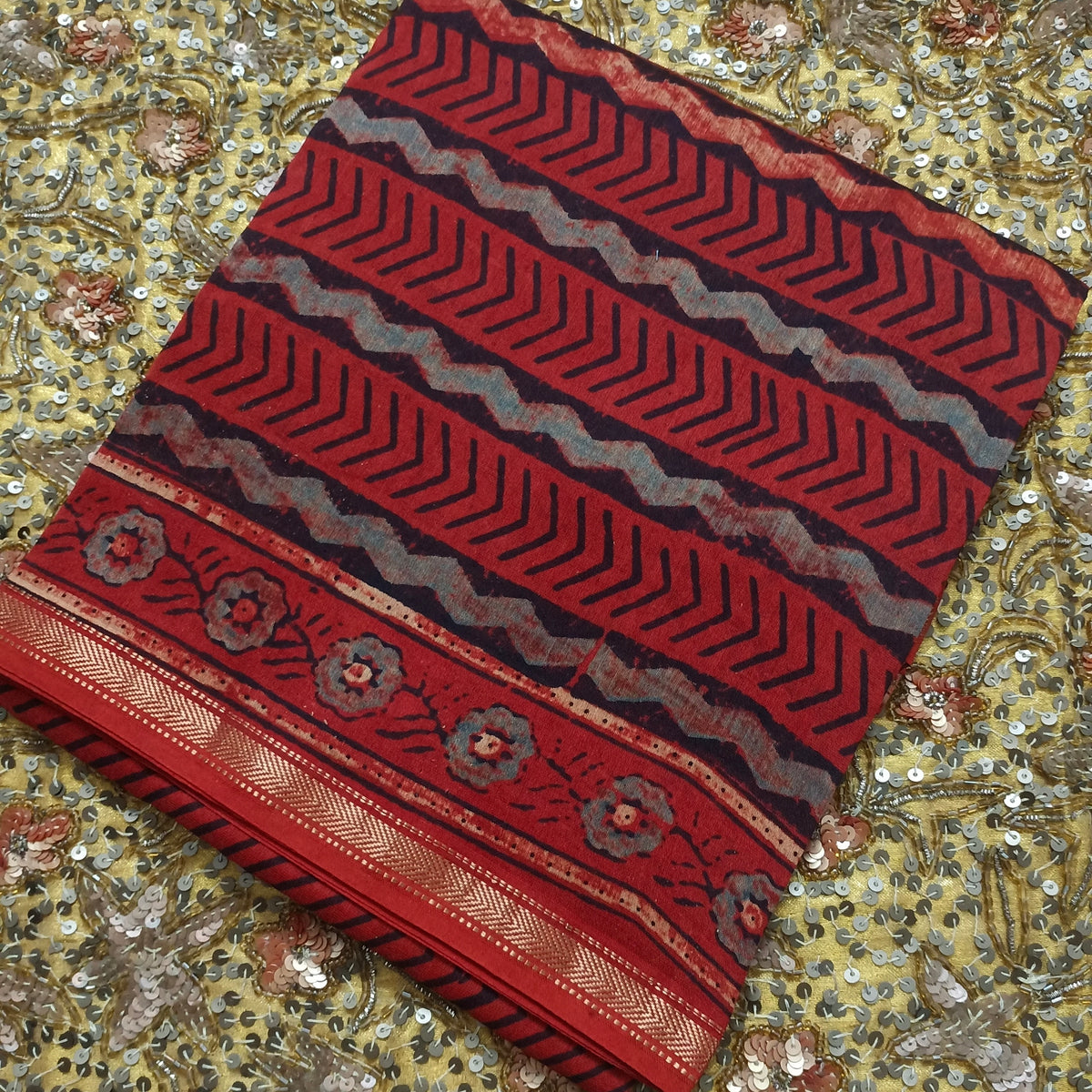 Rust maheshwari dupatta with block print all over