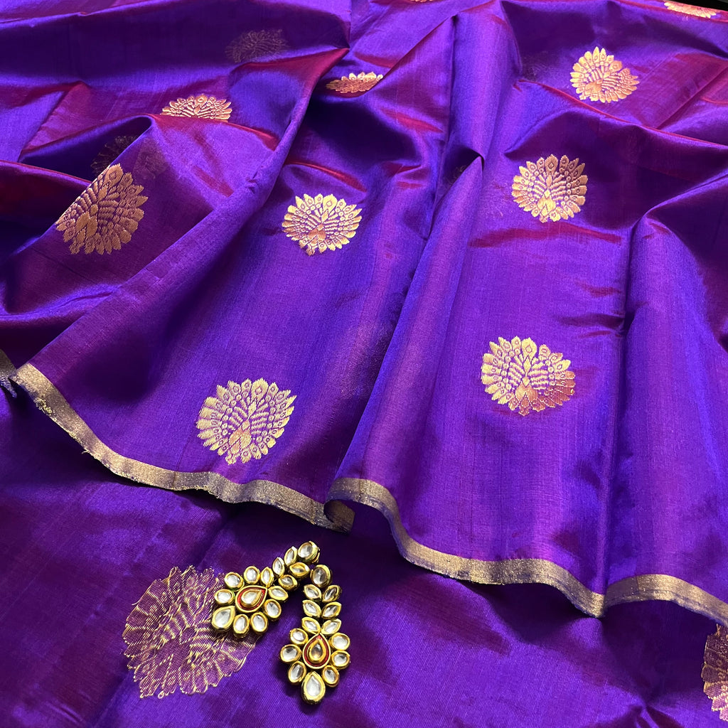 Violet dual tone chanderi silk saree with mor-motifs all over