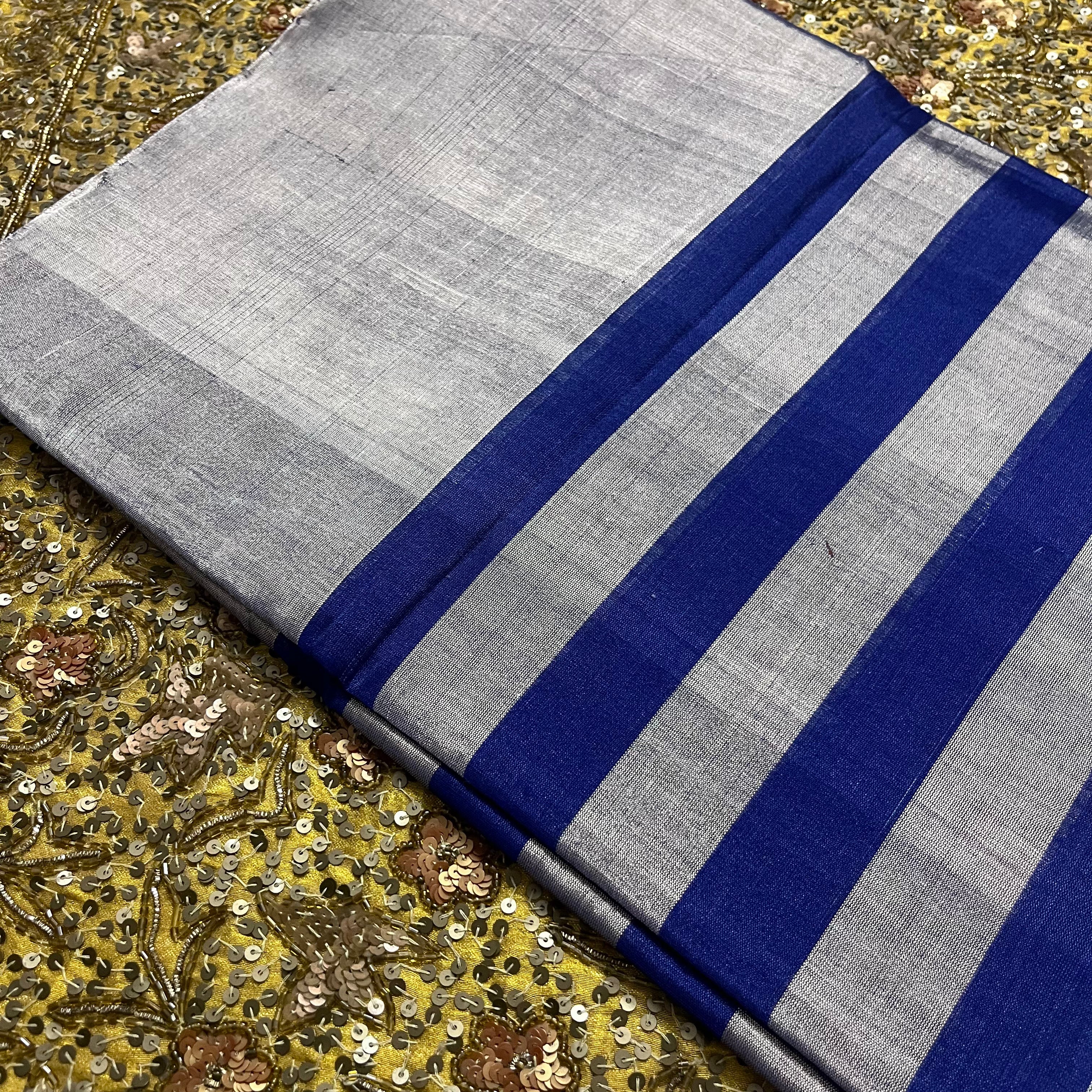 Silver and blue striped chanderi tissue silk saree