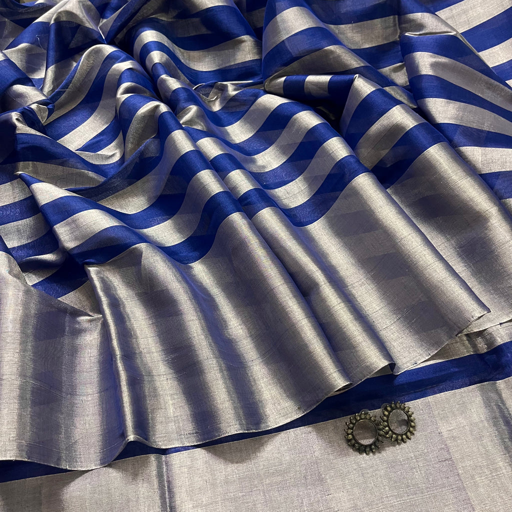 Silver and blue striped chanderi tissue silk saree