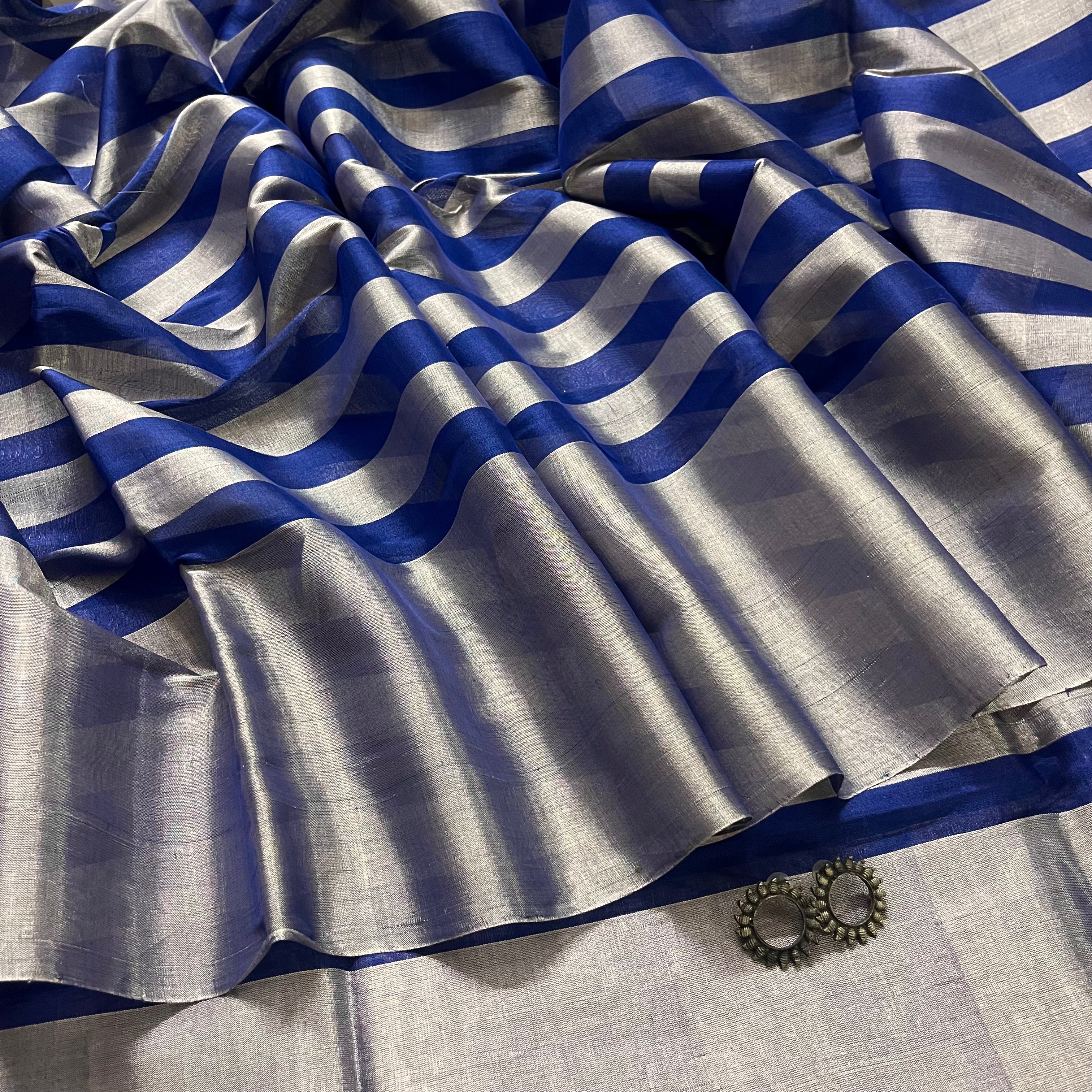 Silver and blue striped chanderi tissue silk saree