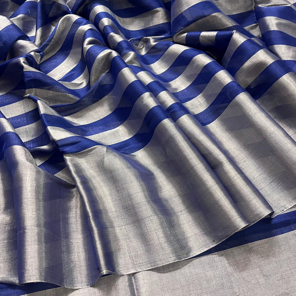 Silver and blue striped chanderi tissue silk saree