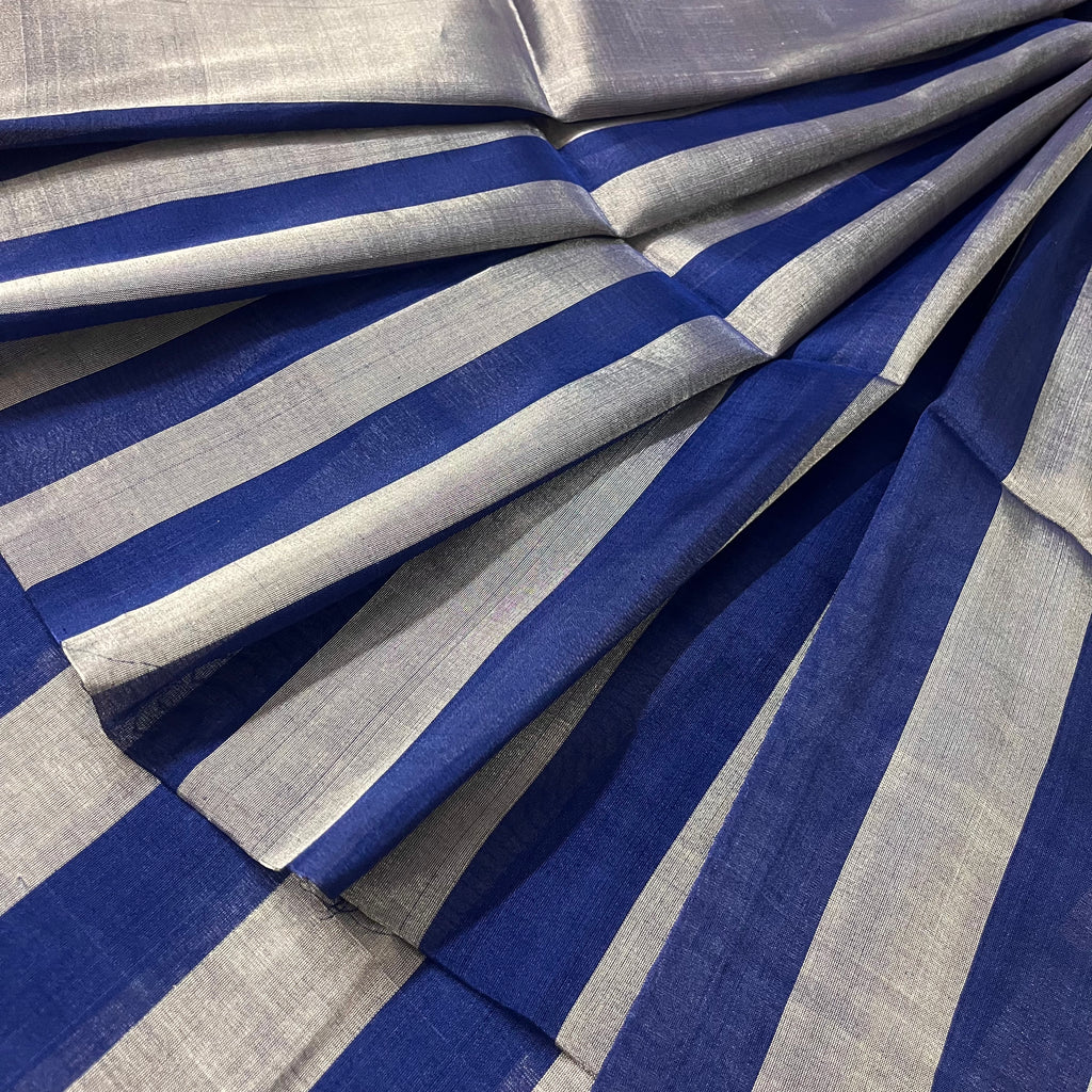 Silver and blue striped chanderi tissue silk saree