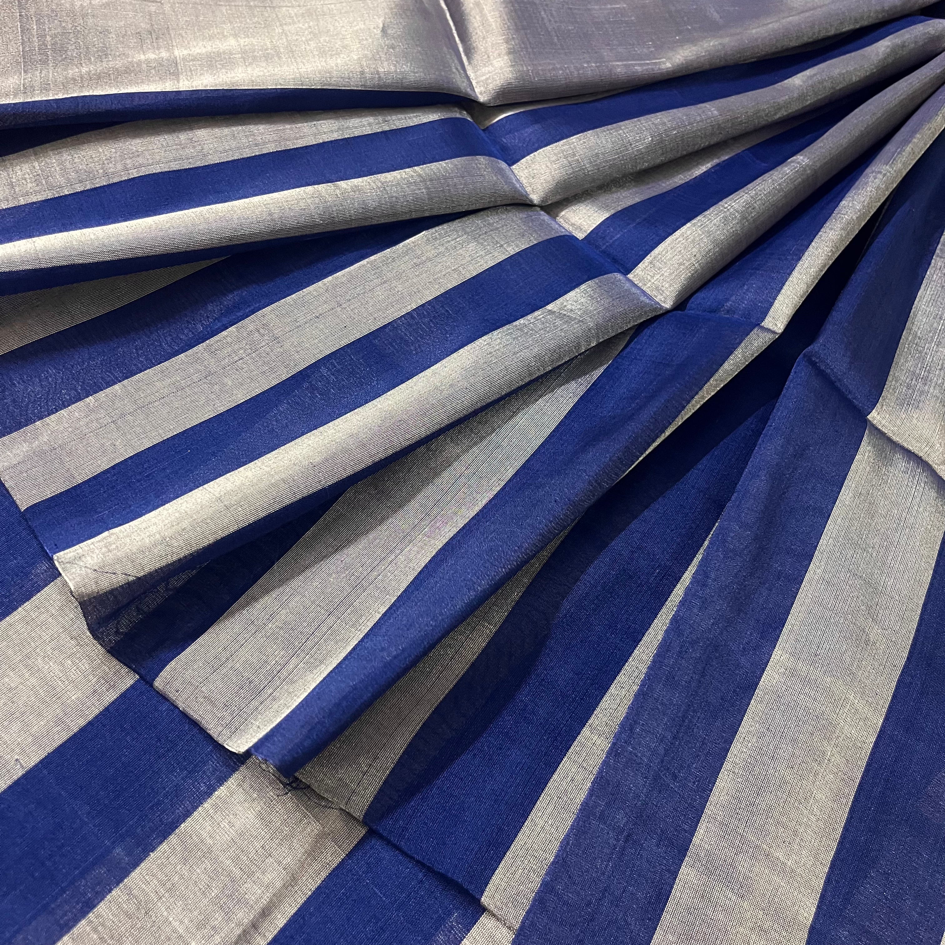 Silver and blue striped chanderi tissue silk saree