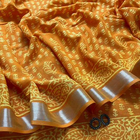 Mustard linen saree with block print all over