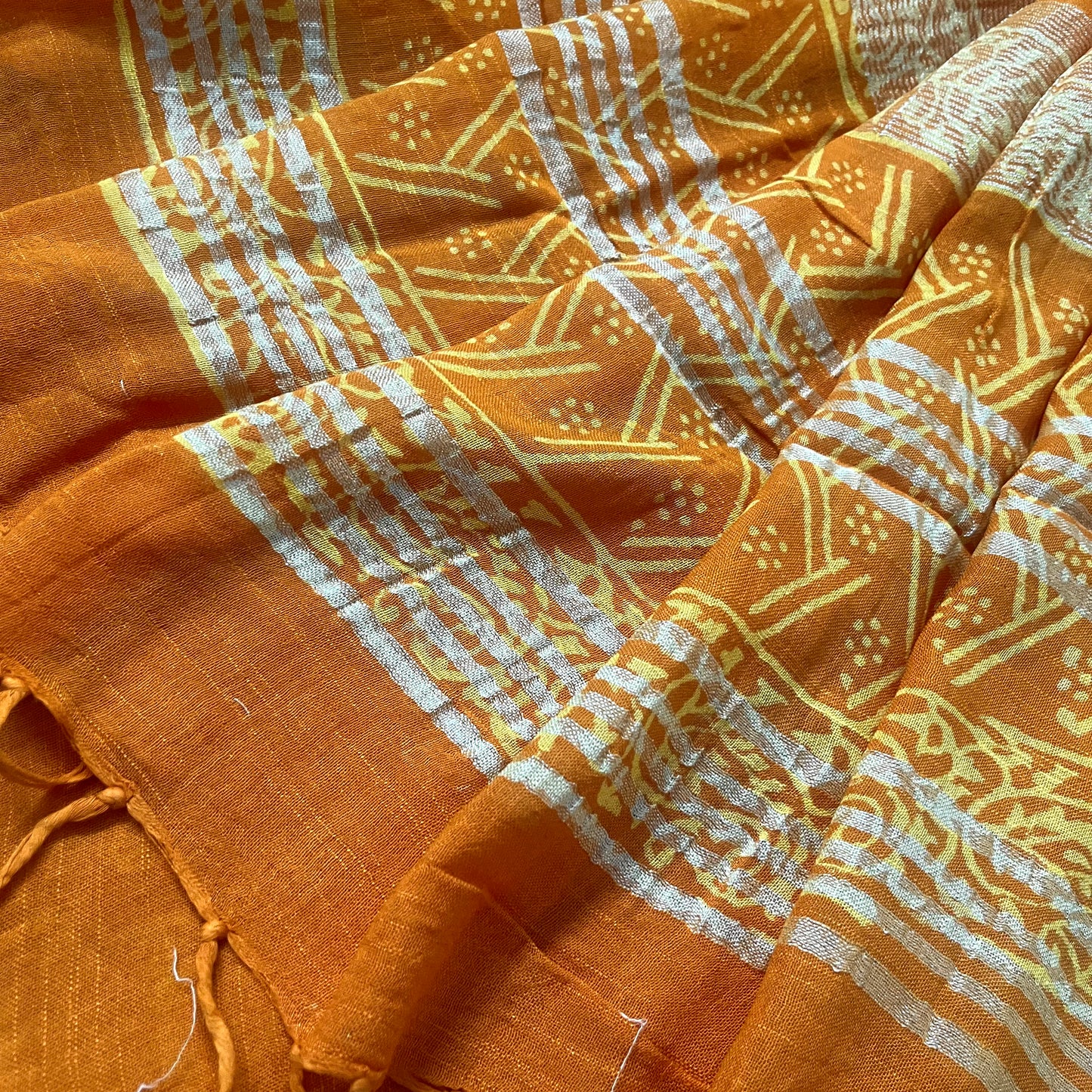 Mustard linen saree with block print all over
