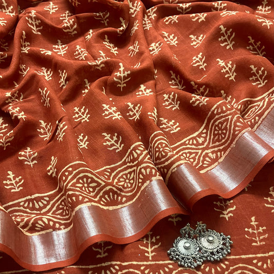 Rust linen saree with block print all over
