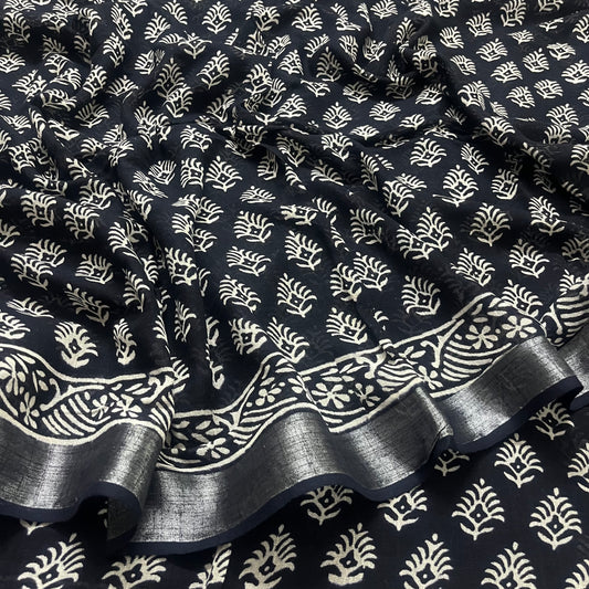 Black and white linen saree with block print all over