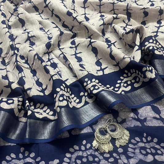 Off white and blue linen saree with block print all over