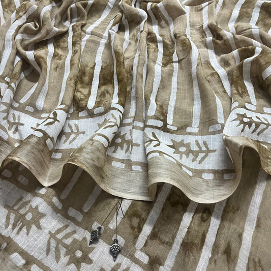 Beige linen saree with block print all over