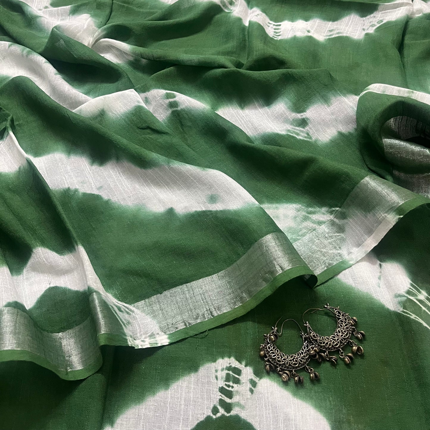 Green and white linen saree with block print all over