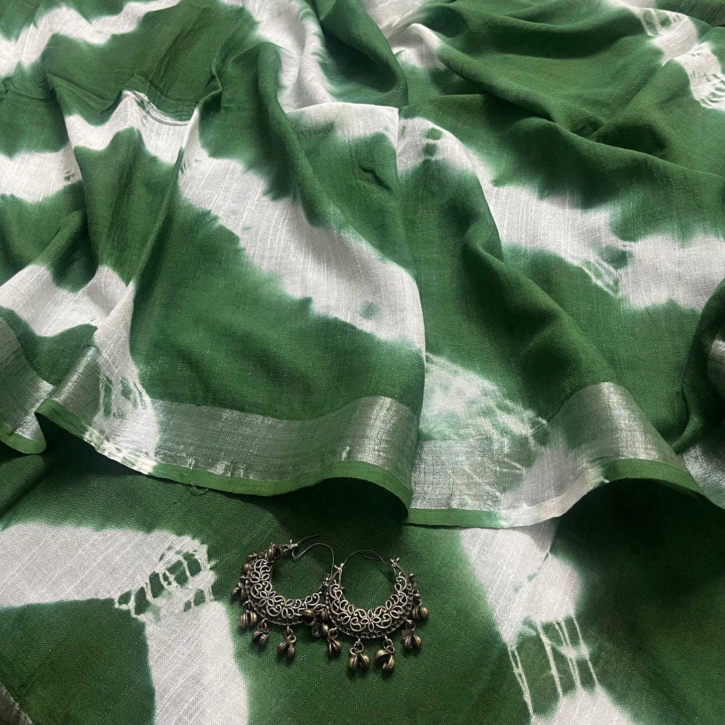Green and white linen saree with block print all over
