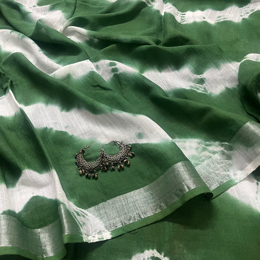 Green and white linen saree with block print all over