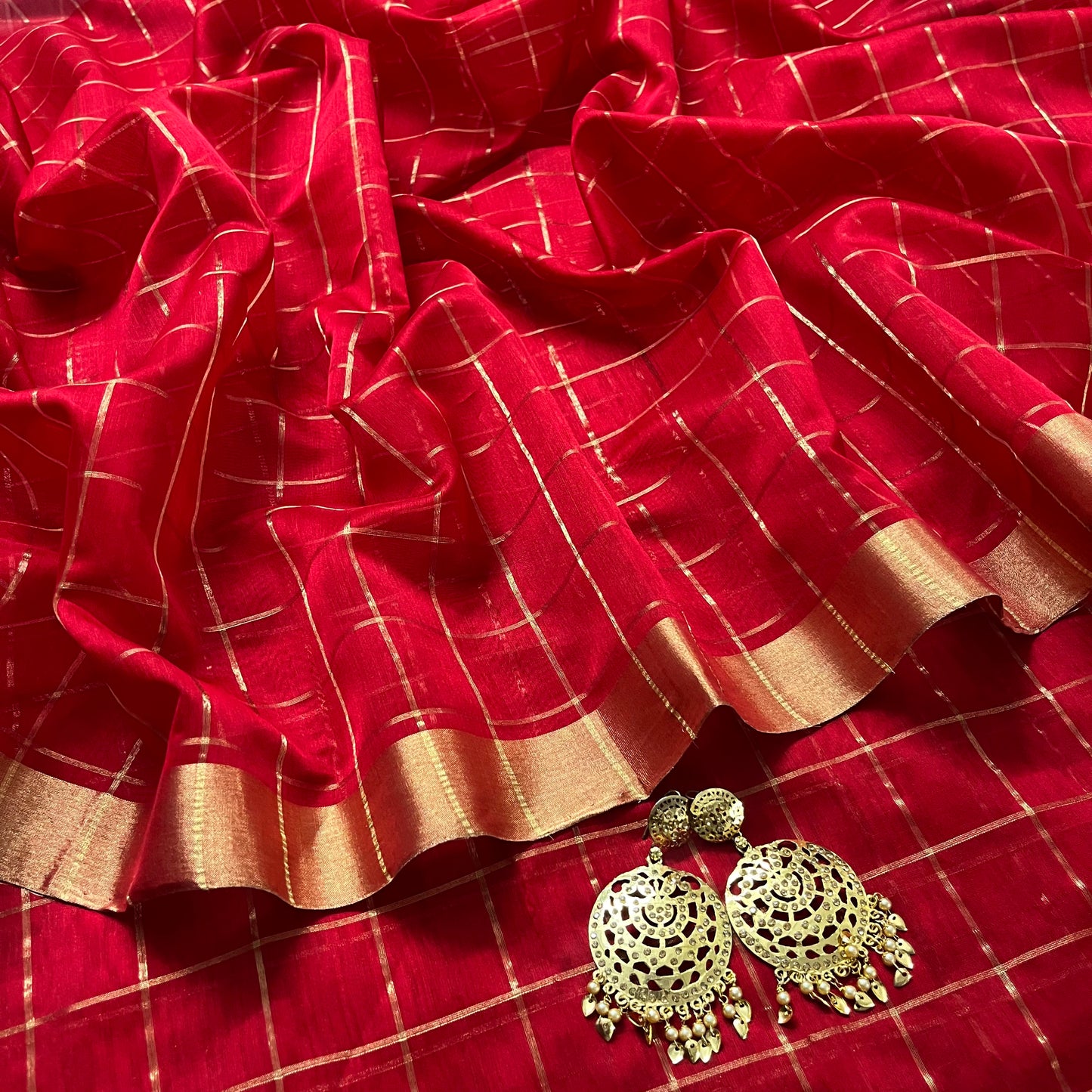 Red maheshwari saree with zari checks all over