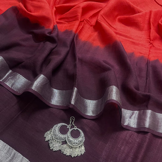 Rust and maroon linen saree with block print all over